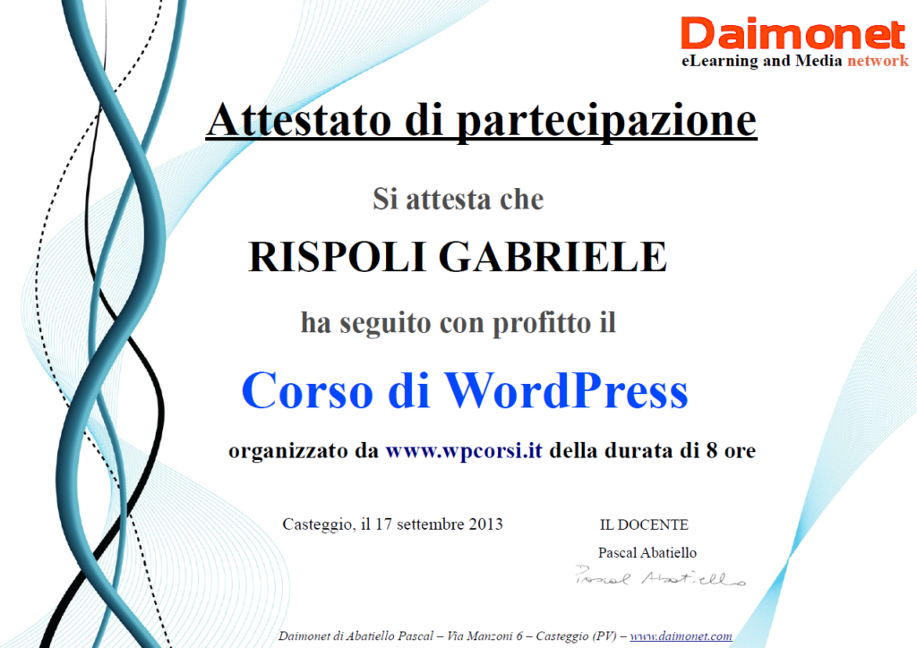 Attestato Corso WordPress conseguito da Gabriele Rispoli