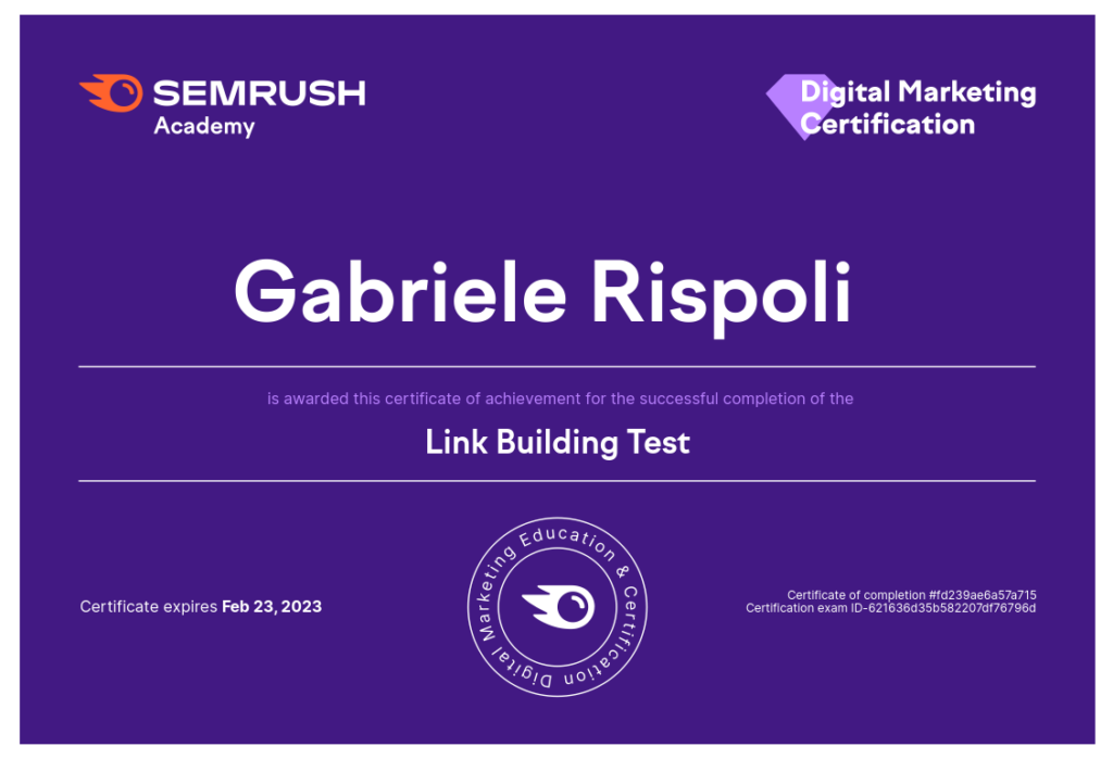 Certificazione Semrush Link Building
